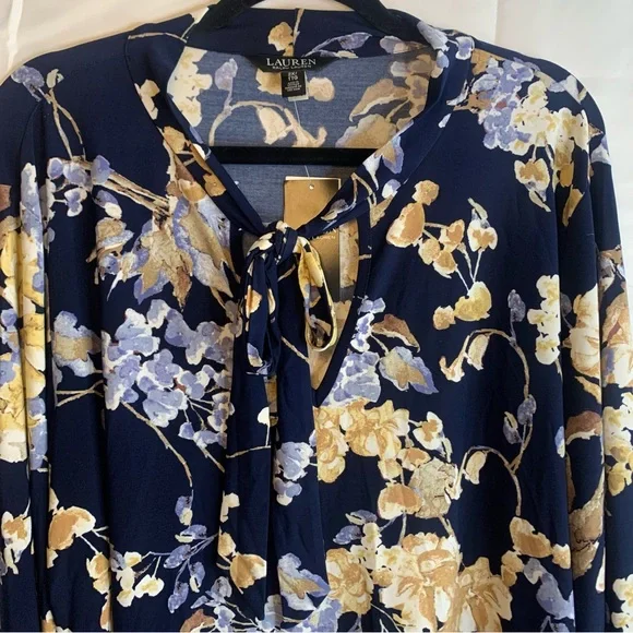 NWT Lauren Ralph Lauren Floral Tie-Neck Stretch Jersey Long Sleeve Plus, Size 2X - Picture 5 of 12